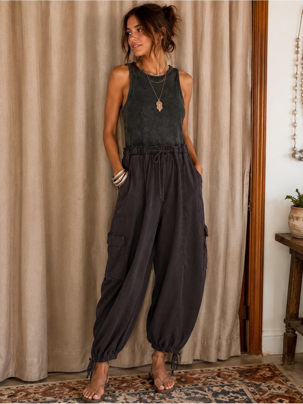 Blue Velvet Washed Black Wide-Leg Cargo Jumpsuit Pants size S